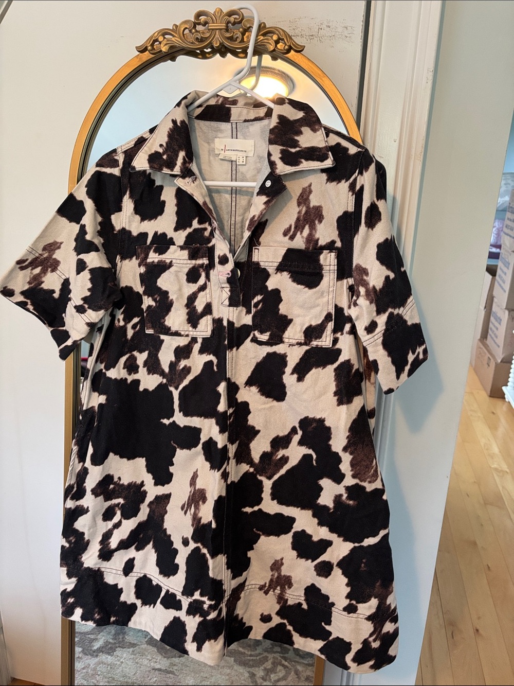 Anthropologie Cow Hide Print Short Sleeve Button Front Jean Shirt Dress